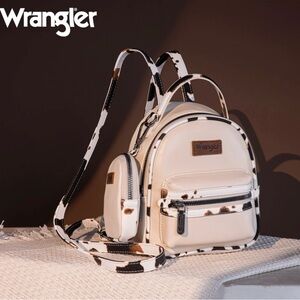 Wrangler Cow Print Trimmed Mini Backpack With Coin Pouch - Tan